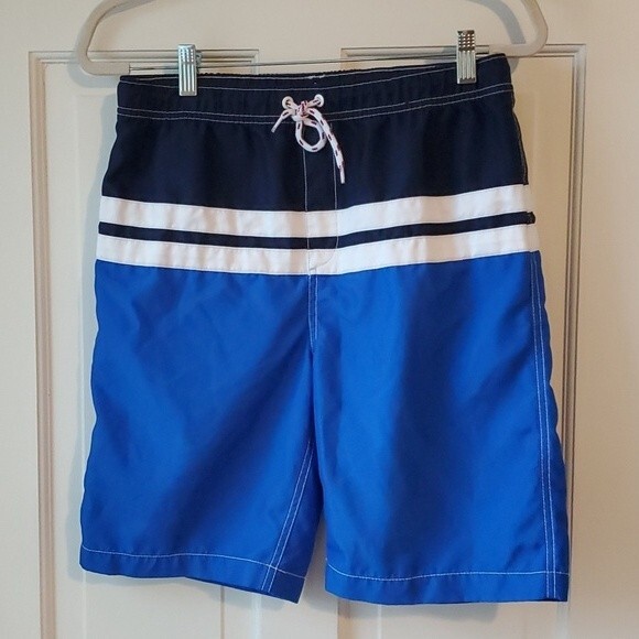 LANDS' END BIG BOYS STRIPE BATHING SUIT SIZE XL 18-20 BLUE NAUTICAL - Picture 1 of 4